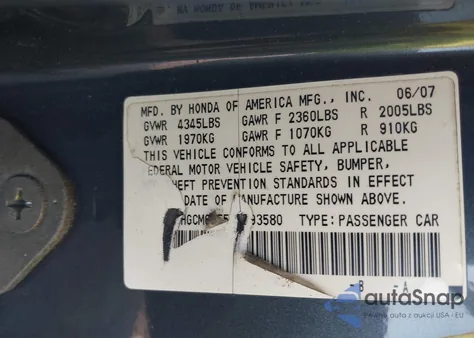 2007 Honda Accord 3.0 Ex from USA, damaged, VIN 1HGCM66557A093580